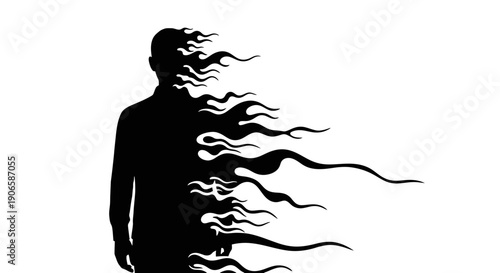 Silhouette of man dissolving into abstract fiery wisps on white background