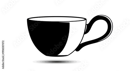 Simple black and white illustration of a coffee cup with handle and shadow