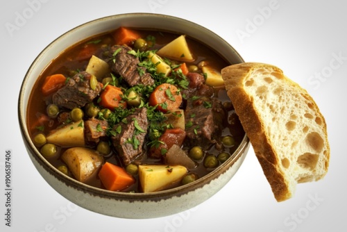 a rustic ceramic bowl filled with hearty beef stew