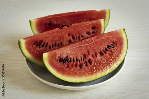 fresh watermelon wedges arranged on a ceramic plate