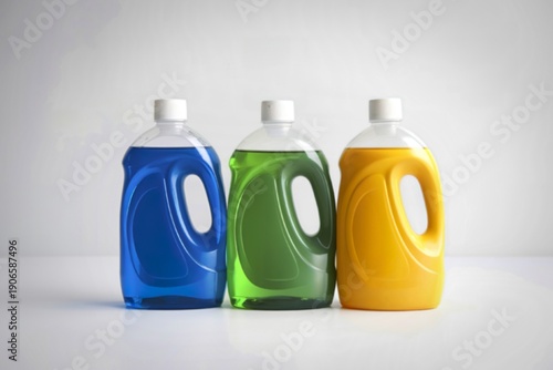 three colorful liquid detergents with blank labels