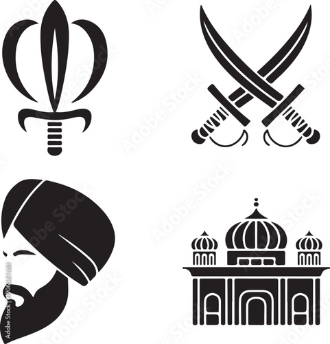 Collection of Sikh cultural symbols including a Khanda, crossed Kirpans, a man in a turban, and a Gurdwara Keywords: Sikhism, Khanda, Kirpan, turban, beard, Gurdwara, temple, religious symbol