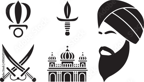 Set of Sikh cultural icons including a Khanda, a dagger, a man in a turban, crossed Kirpans, and a Gurdwara Keywords: Sikhism, Khanda, Kirpan, dagger, turban, beard, Gurdwara, temple, religious
