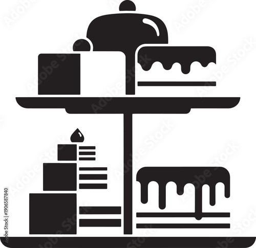  Dessert stand with cakes and pastries, simple black and white vector illustration, celebration, dessert, bakery, sweet food