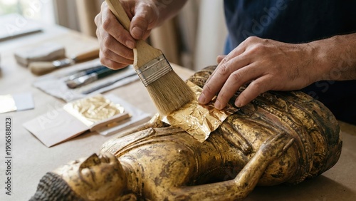 Hands Applying Gold Leaf to Buddha Statue with Brush