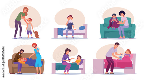 Sick children. Ill kids at home exact vector family protect children from diseases