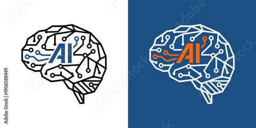 Artificial intelligence brain logo. Digital circuit mind symbol. Geometric smart tech head icon. Vector illustration isolated on white background.