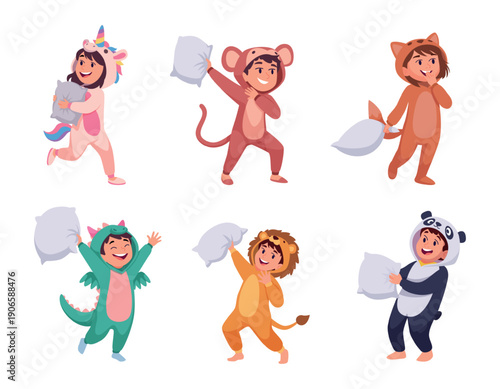 Pajama party. Kids in funny colored costumes pajamas suits for sleeping exact vector pillow battle ready