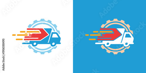 Fast delivery truck logo icon. Logistics shipping sign and symbol. Express courier transport vehicle design. Vector illustration isolated on white background.