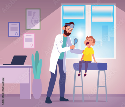 Doctor. pediatrician examines the little boy. vector background