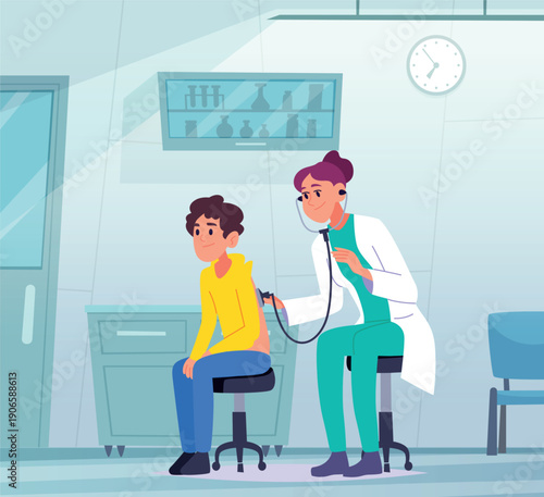 Doctor. pediatrician listens to a child with phonendoscope. vector cartoon background