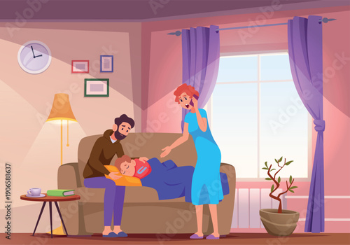 High temperature. Mom calls a doctor at home. A sick child