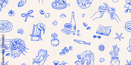 Dolce vita seamless pattern. Italian summer vacation, endless hand-drawn doodle background. Coastal holiday, retro sketch texture for wallpaper, textile, wrapping design. Flat vector illustration