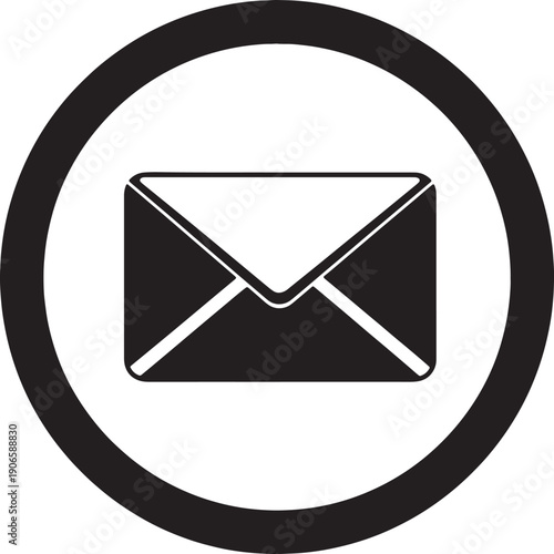  Simple black and white icon of an envelope inside a circle, representing email and communication. Clean vector illustration for digital or print media.