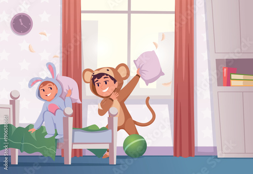 Pillow fighting. kids in pajamas jumping on beds. vector background