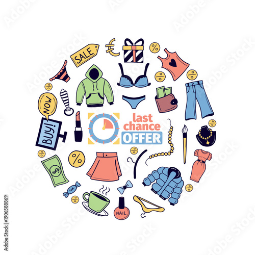 Shopping background. marketing offers circle last chance with pictures for marketplaces