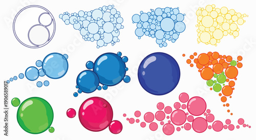 Abstract collection of glossy colorful bubbles and liquid spheres vector transparent clean soap water chemistry physics