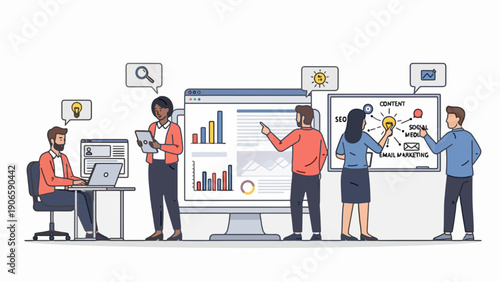 Modern Flat Vector Illustration of Businesswoman Working on Laptop with Digital Icons