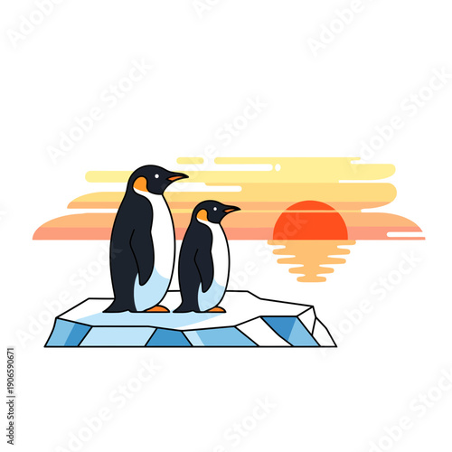 Two penguins standing on iceberg at sunset, minimalist flat design, wildlife scene, Antarctic landscape, peaceful moment, adorable birds, warm colors, serene atmosphere, frozen habitat