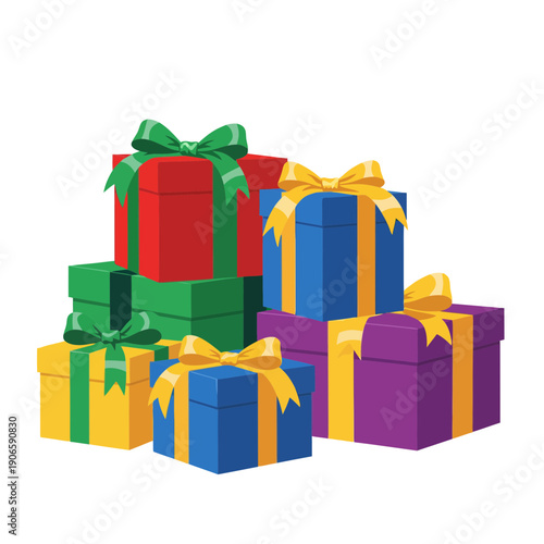 Colorful wrapped presents with ribbons and bows, stacked in a pyramid shape, on a white background, in a flat, modern, minimalist, digital art style, for holidays and celebrations.