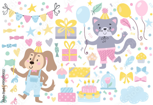 Set of colorful vector decorative elements featuring a cute cat, puppy, balloons, birthday cake, bunting flags, stars, and other festive items. Cute vector illustration perfect for holidays, birthday 