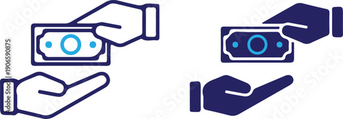 hands money exchanging cash dollar sign bule two icons set vector illustration design 