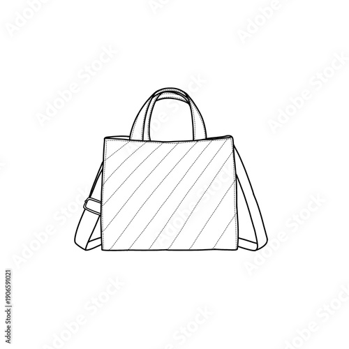 A minimalist line drawing of a tote bag featuring short handles, a shoulder strap, and a subtle striped pattern on the front panel. Satchel bag mini tote bag crossbody handbag