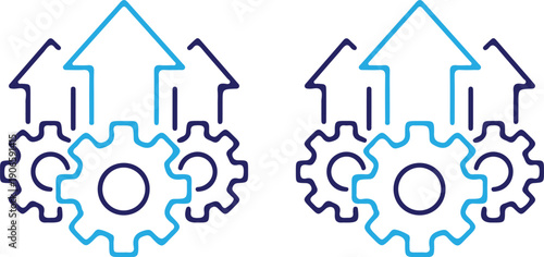 gear upward arrow bule line icon set vector growth technology progress flat design illustration 
