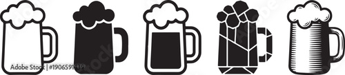 A row of five black and white pixel art icons depicting different styles of beer mugs Vector
