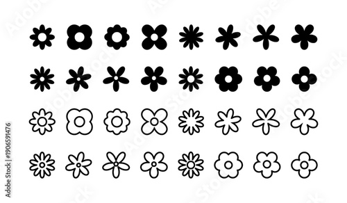 Outline retro flowers vector set. Floral line art sign and symbol collection. Minimalist botanical bundle. Vector illustration isolated on white background.