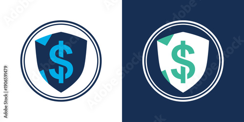 Fintech shield logo. Money currency sign and symbol. Finance and banking security icon. Vector illustration isolated on white background.