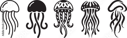 A set of five different black and white jellyfish icons displayed in a row on a white background. Vector