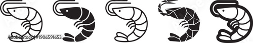 Monochrome shrimp icons presented in a row on a white background with varying fill styles Vector