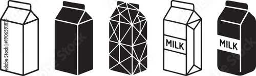 A minimalist illustration depicting five distinct milk carton designs in a black and white color scheme. Vector