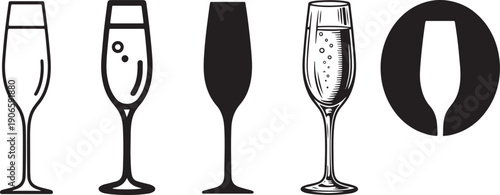 A series of five black and white icons depicting different styles of champagne glasses for design purposes. Vector