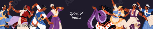 Banner design with Indian women dance in decorated national dresses. Template with hindus in sari. Ethnic dancers of India perform manipuri, odissi, kuchipudi on layout. Flat vector illustration