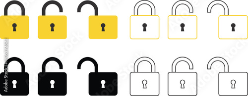 Lock icon collection. Locked and unlocked black line icon set. Flat security symbol. Vector illustration.