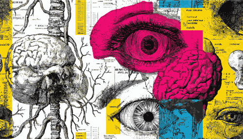 Rough diagrams of brains, nerves, and eyes labeled background, vector art