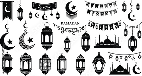 Ramadan Celebration Elements: Lanterns, Mosques, Moon, Bunting, Arabic Text