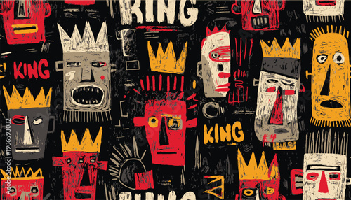 Tribal mask motifs and primitive faces background, vector art.