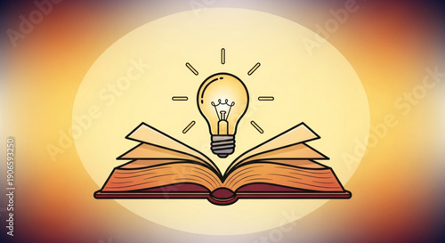 Open book with glowing lightbulb on top symbolizing knowledge and inspiration against a vibrant yellow background with rays of light