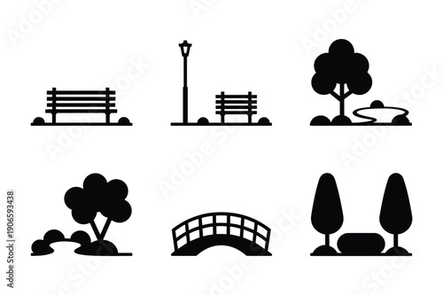 Park Icons: Bench, Lamp, Trees, Bridge, Landscape