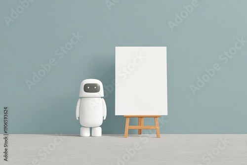 A white robot standing next to a blank canvas