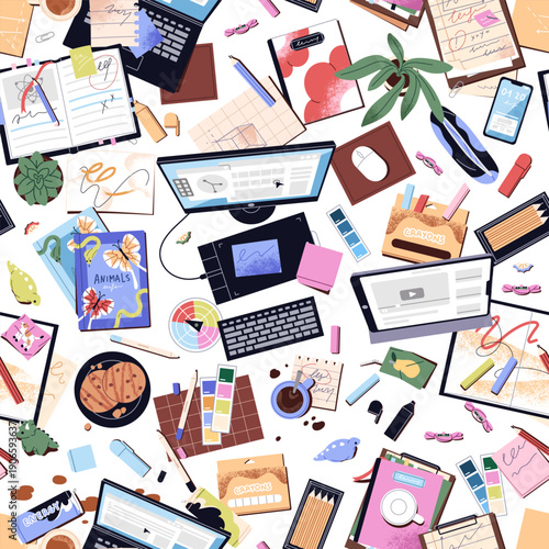 Repeatable pattern of mess and disorder on computer desks top view. Endless background of messy table, dirty office workplace with books, cups, stationery, notes. Flat seamless vector illustration