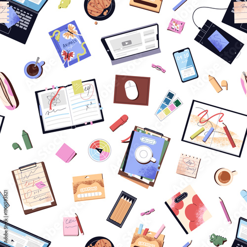 Repeatable pattern of messy desk top view. Endless background of computer table with different office supplies, stationery, creative mess, books, and paper notes. Flat seamless vector illustration