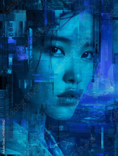 A cyberpunk portrait of an Asian girl, with multiple overlapping facial images in blue tones. The background features cityscapes and futuristic buildings, creating a fantastical atmosphere.