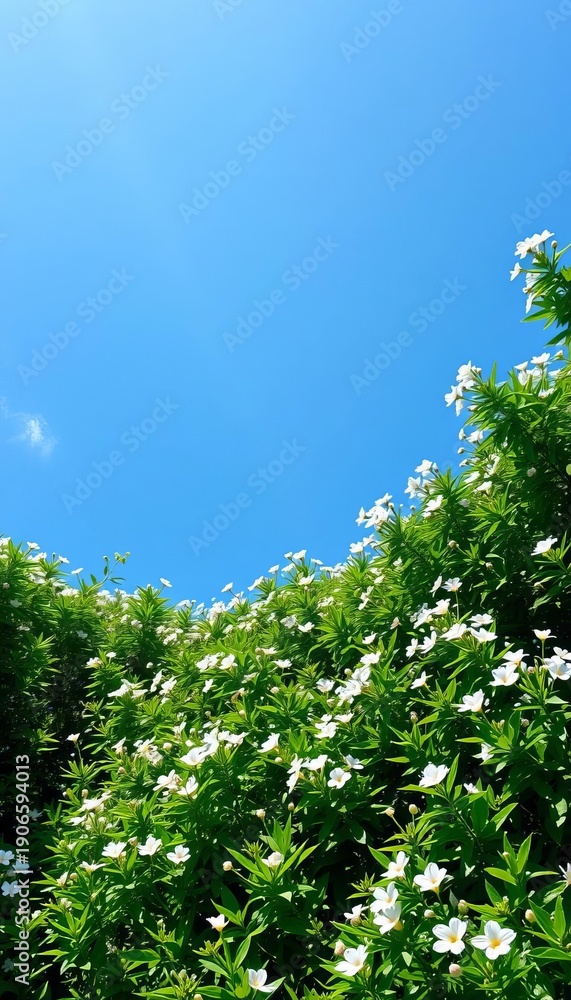 Fototapeta premium Lush greenery sprawls across a bright blue sky, filled with fluttering white flowers, greenery, landscape