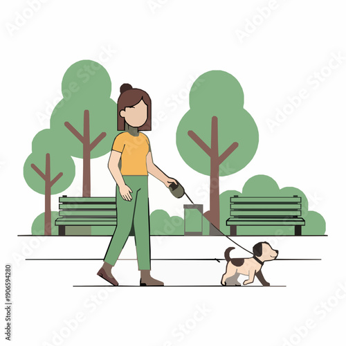 Casual woman walking dog in city park flat vector concept