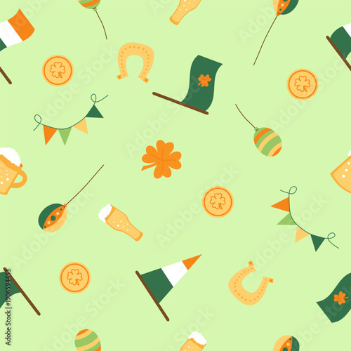Seamless pattern St. Patrick's Day with  clover,beer mug, horseshoe, coin, flag, balloon on green background.