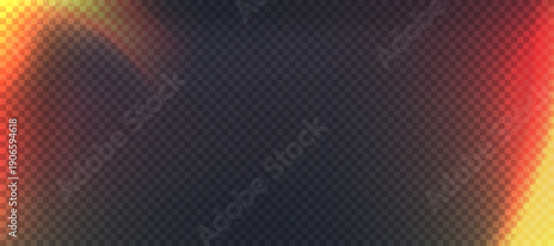 Film lens effect on black transparent background. Camera leak filter with light overlay effect for mobile photo, lens flare bokeh png bg, vector illustration. Burn red and orange gradient glow.